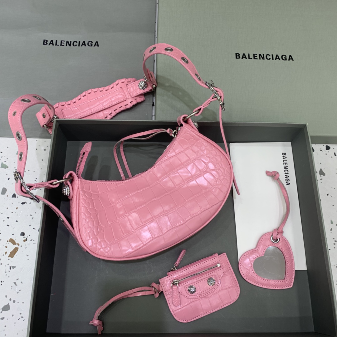 Balenciaga Le Cagole Small Shoulder Bag Crocodile Embossed In Pink - FashionPlug