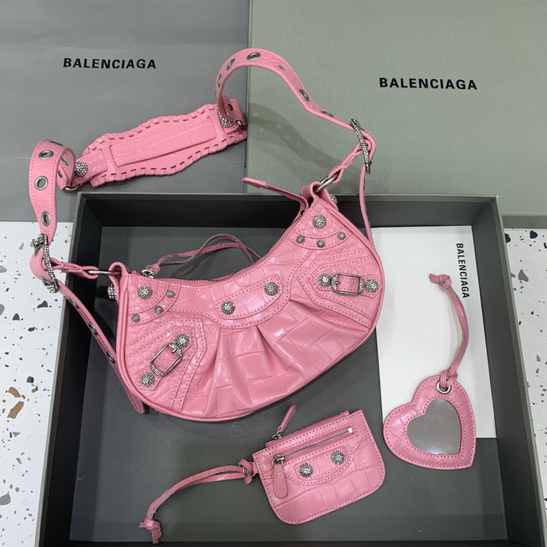 Balenciaga Le Cagole Small Shoulder Bag Crocodile Embossed In Pink - FashionPlug