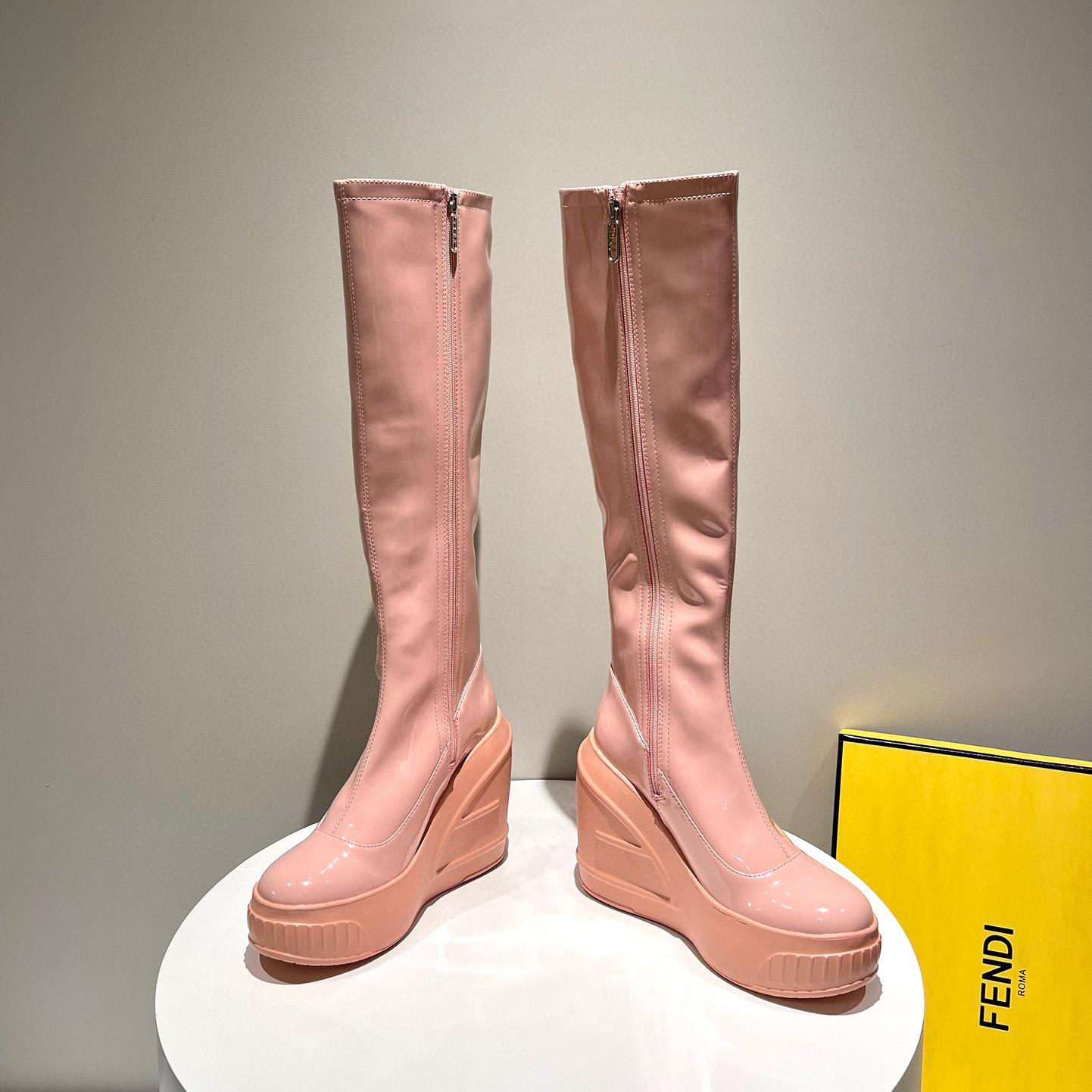 Fendi Fashion Show Pink Patent Leather Boots - FashionPlug