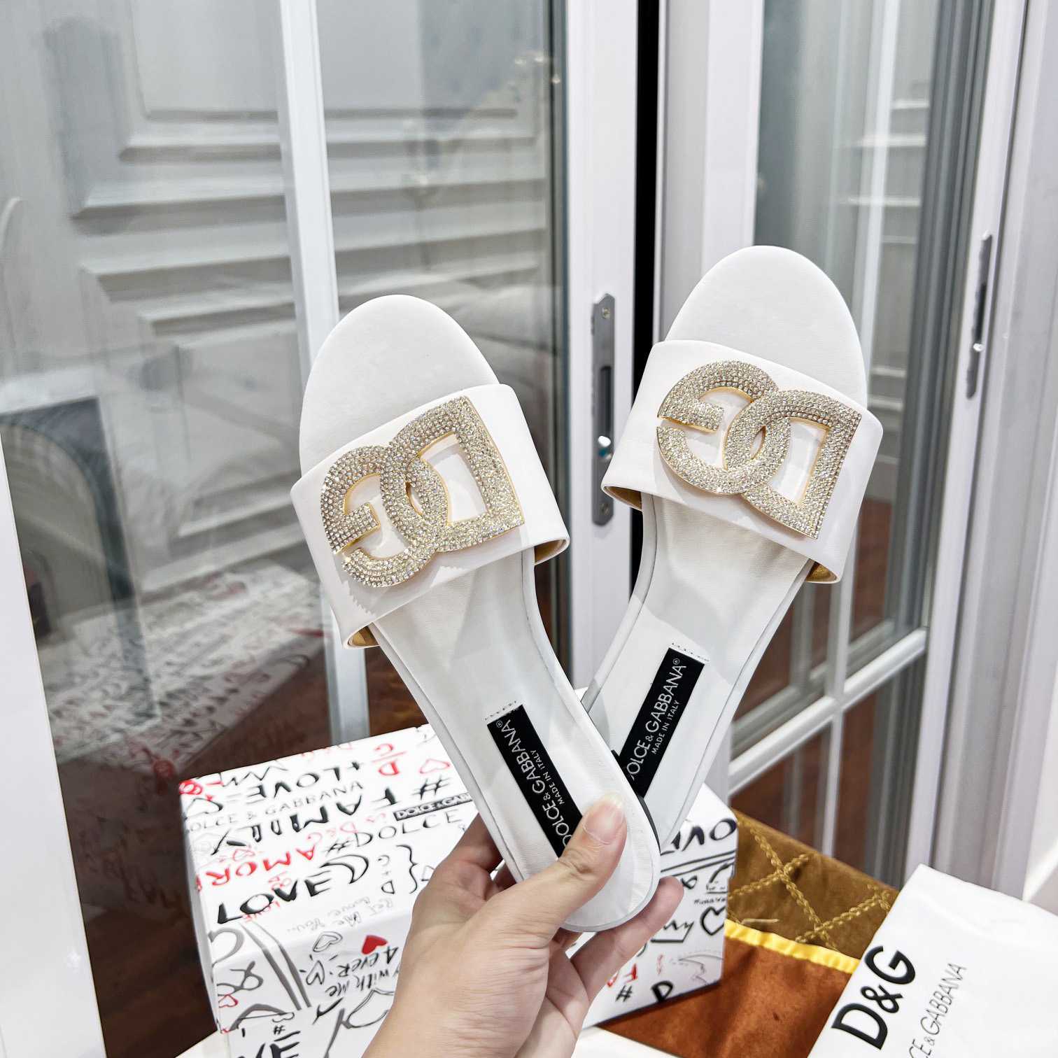 Dolce & Gabbana Calfskin Slides With DG Logo - FashionPlug