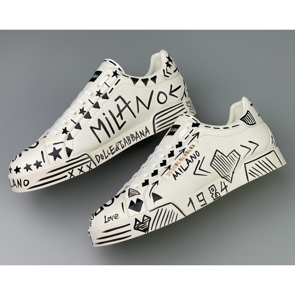 Dolce & Gabbana Hand-painted Calfskin Portofino Sneakers - FashionPlug