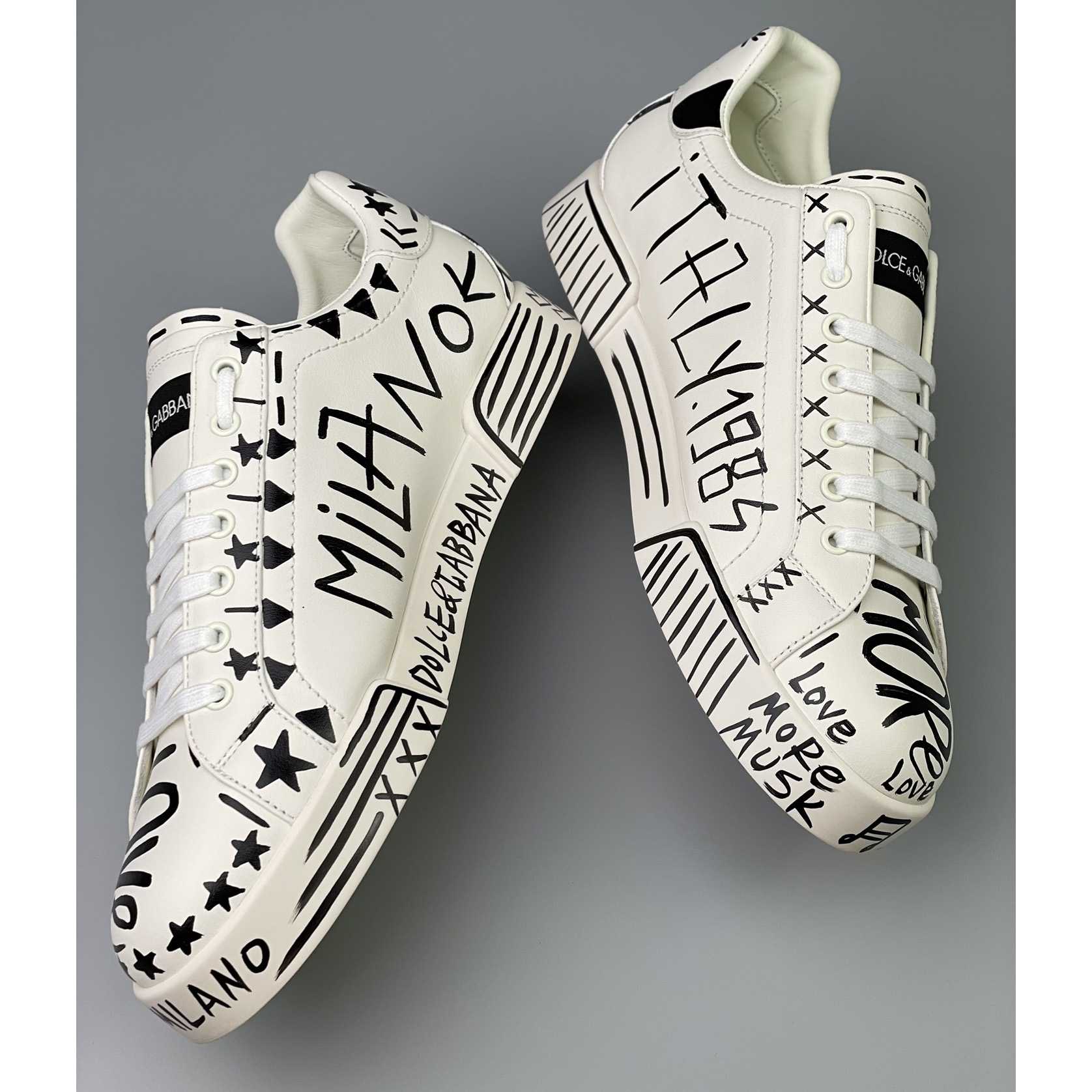 Dolce & Gabbana Hand-painted Calfskin Portofino Sneakers - FashionPlug