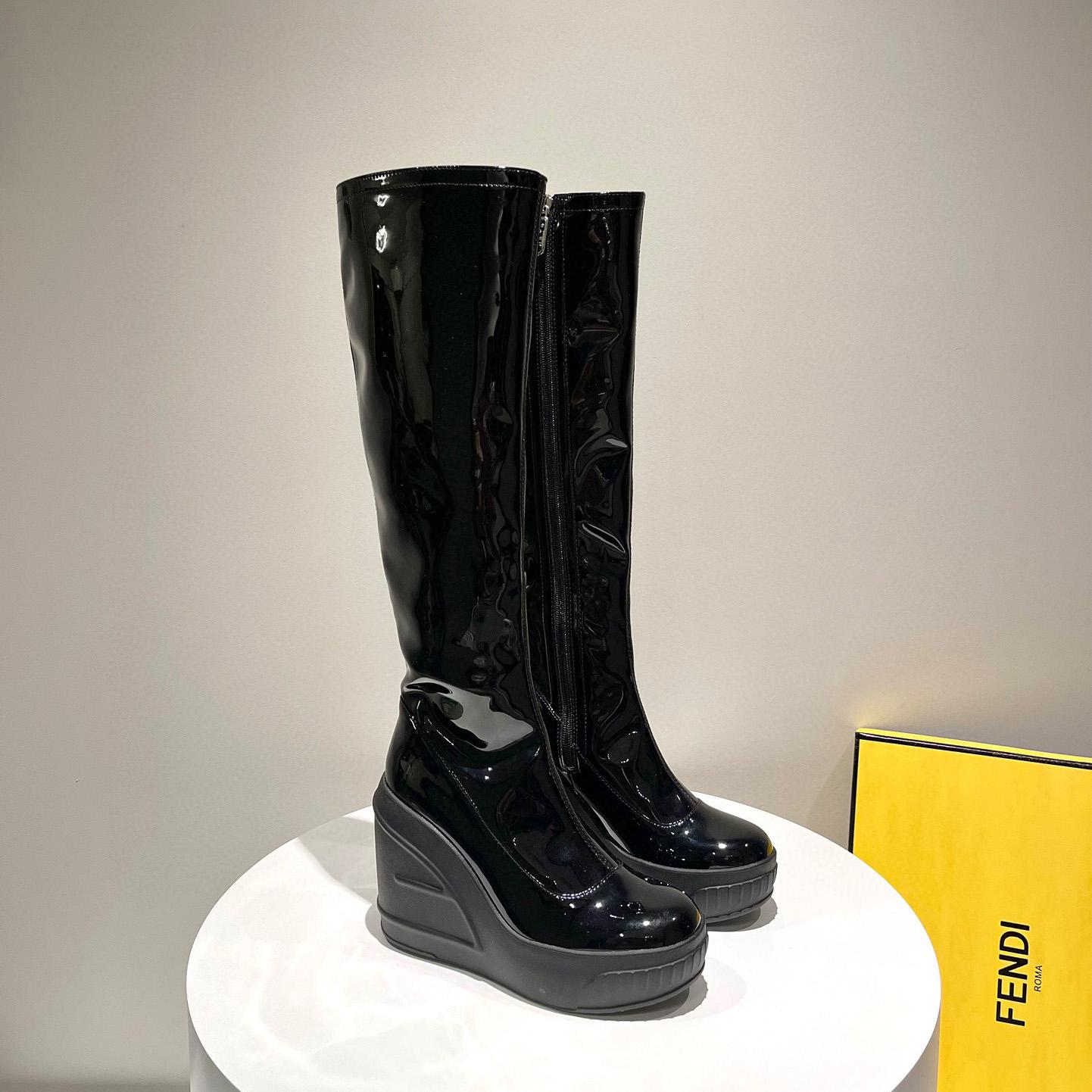 Fendi Fashion Show Black Patent Leather Boots - FashionPlug