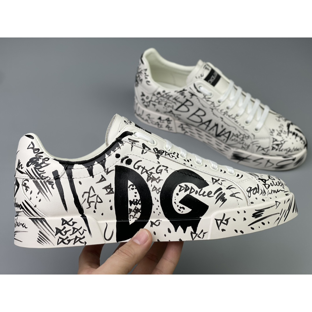 Dolce & Gabbana Calfskin Portofino Sneakers With Logo Print - FashionPlug
