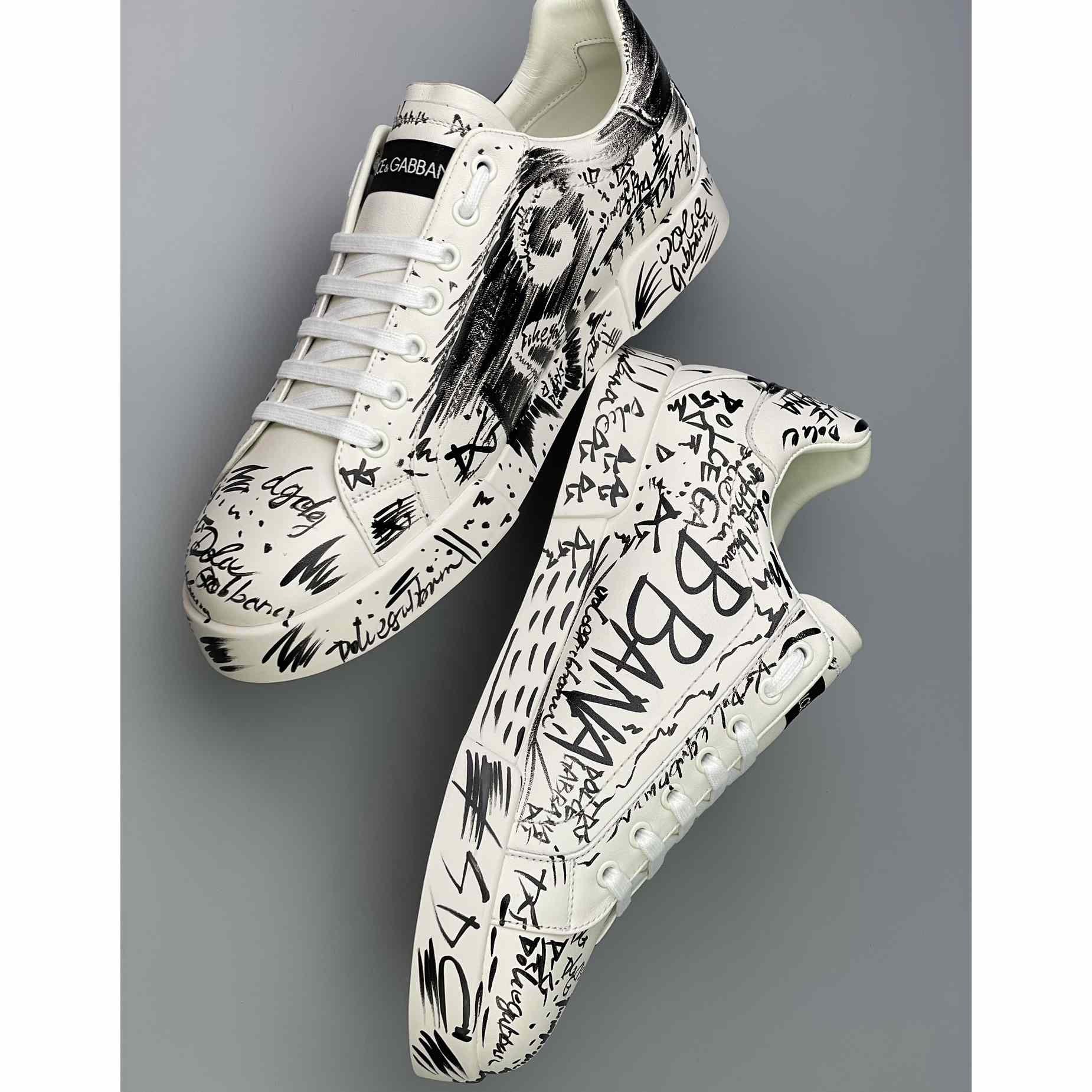 Dolce & Gabbana Calfskin Portofino Sneakers With Logo Print - FashionPlug
