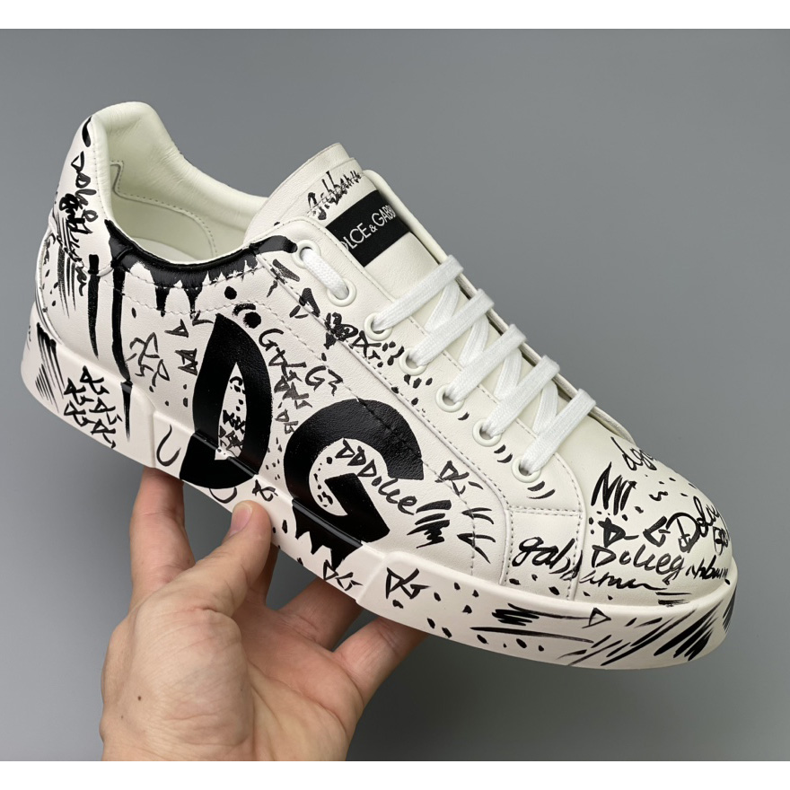 Dolce & Gabbana Calfskin Portofino Sneakers With Logo Print - FashionPlug