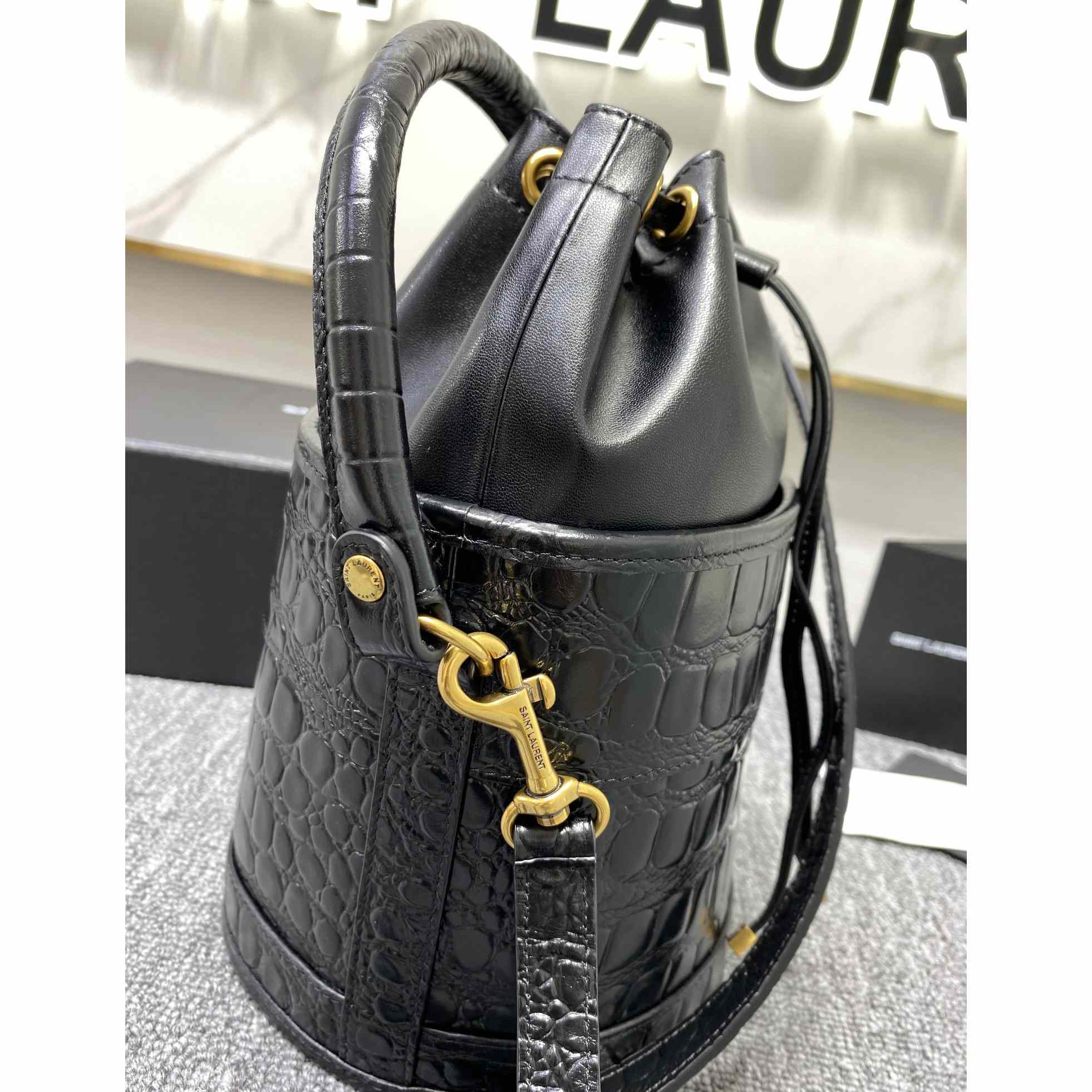 Saint Laurent Crocodile-effect Embossed Bucket Bag(16x26x16cm) - FashionPlug
