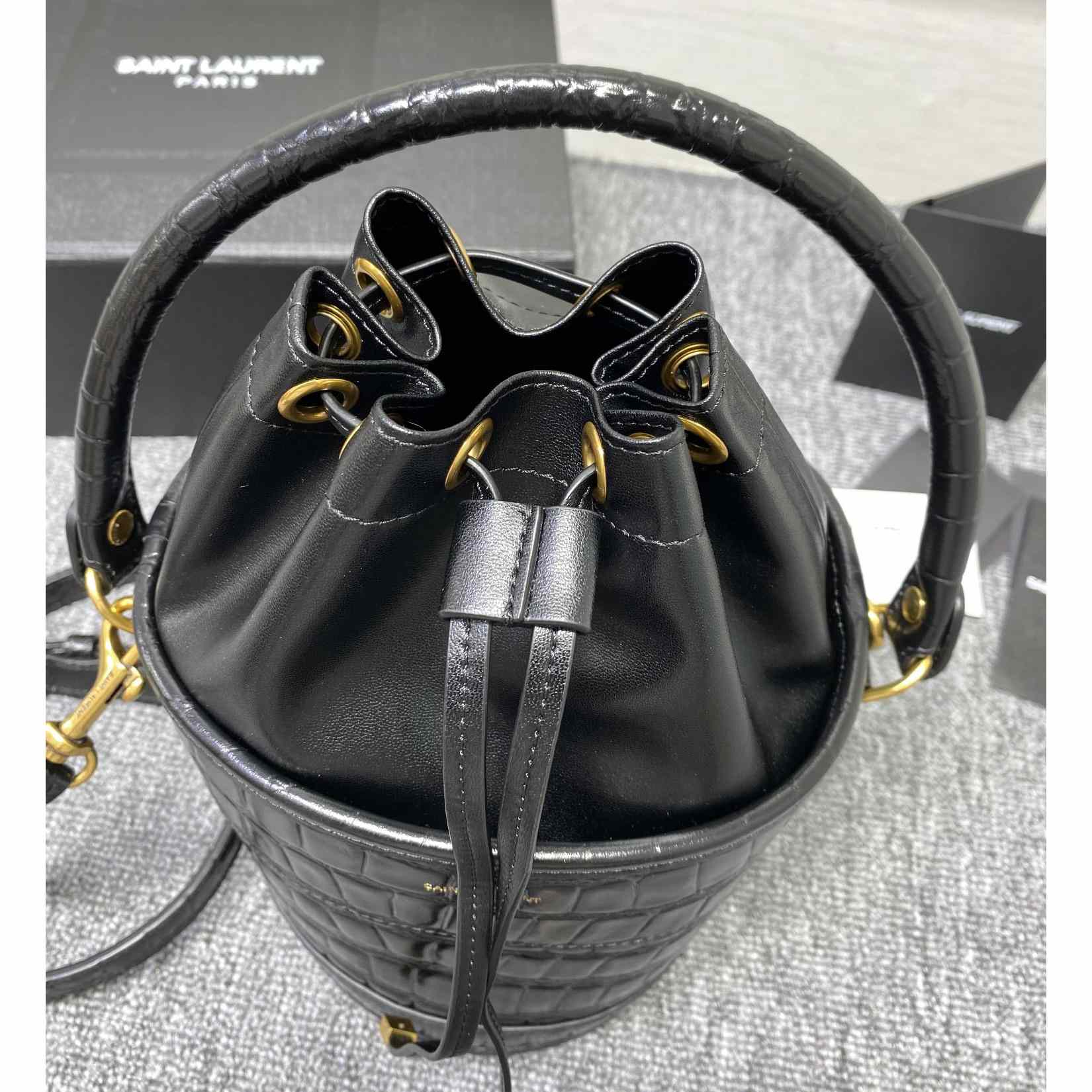 Saint Laurent Crocodile-effect Embossed Bucket Bag(16x26x16cm) - FashionPlug