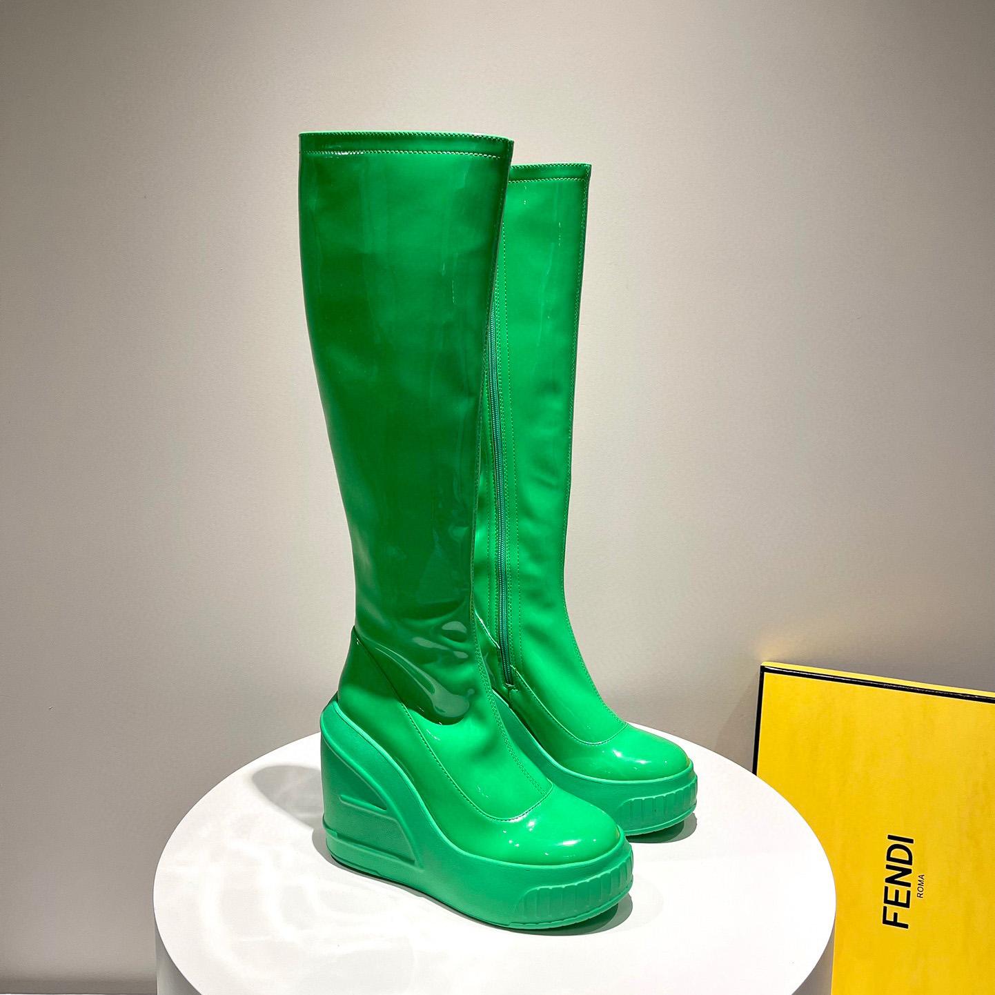 Fendi Fashion Show Green Patent Leather Boots - FashionPlug