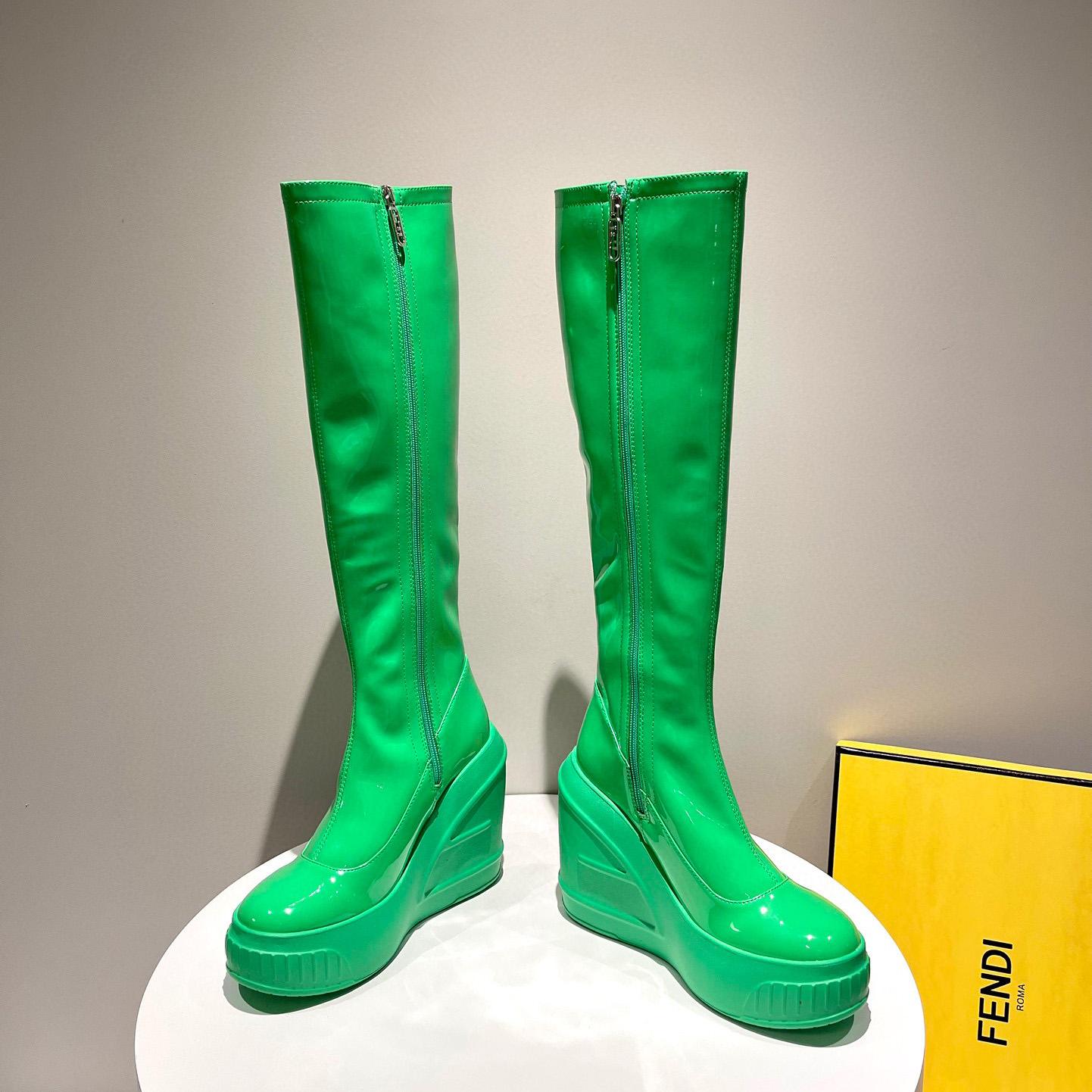 Fendi Fashion Show Green Patent Leather Boots - FashionPlug