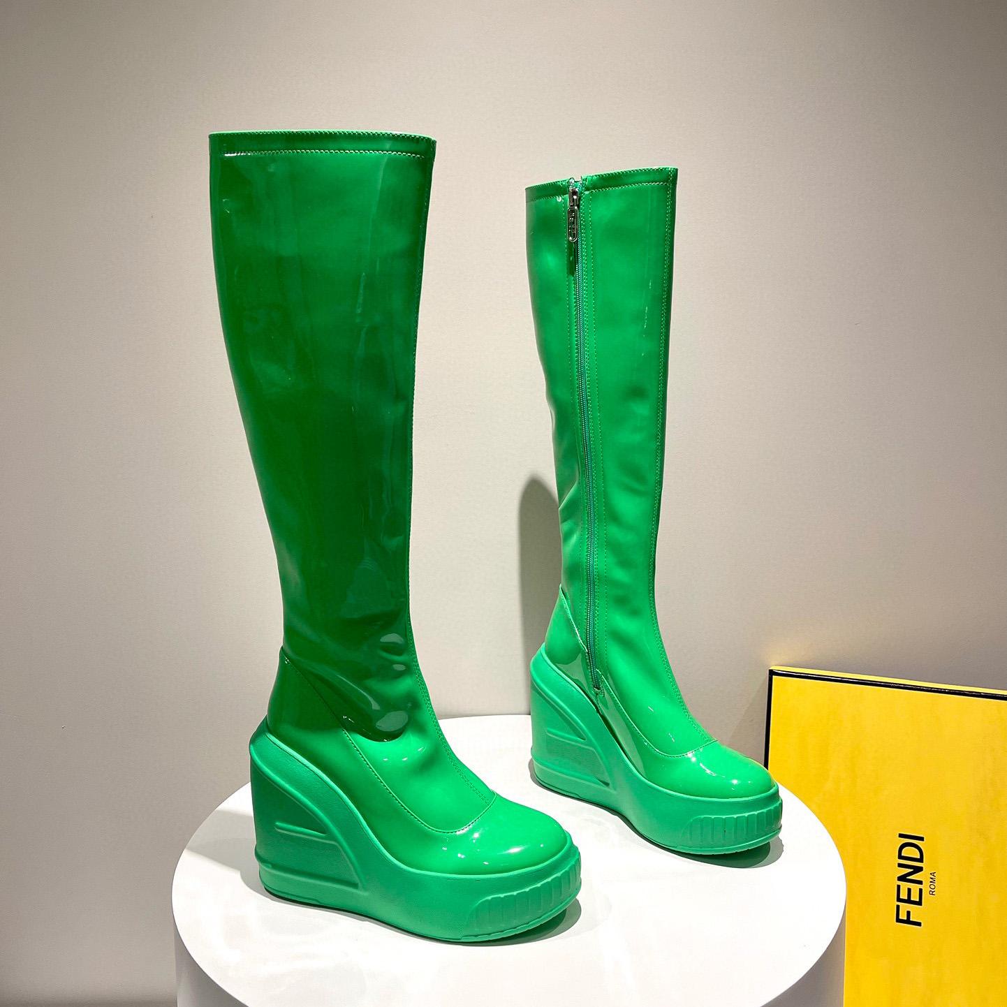 Fendi Fashion Show Green Patent Leather Boots - FashionPlug