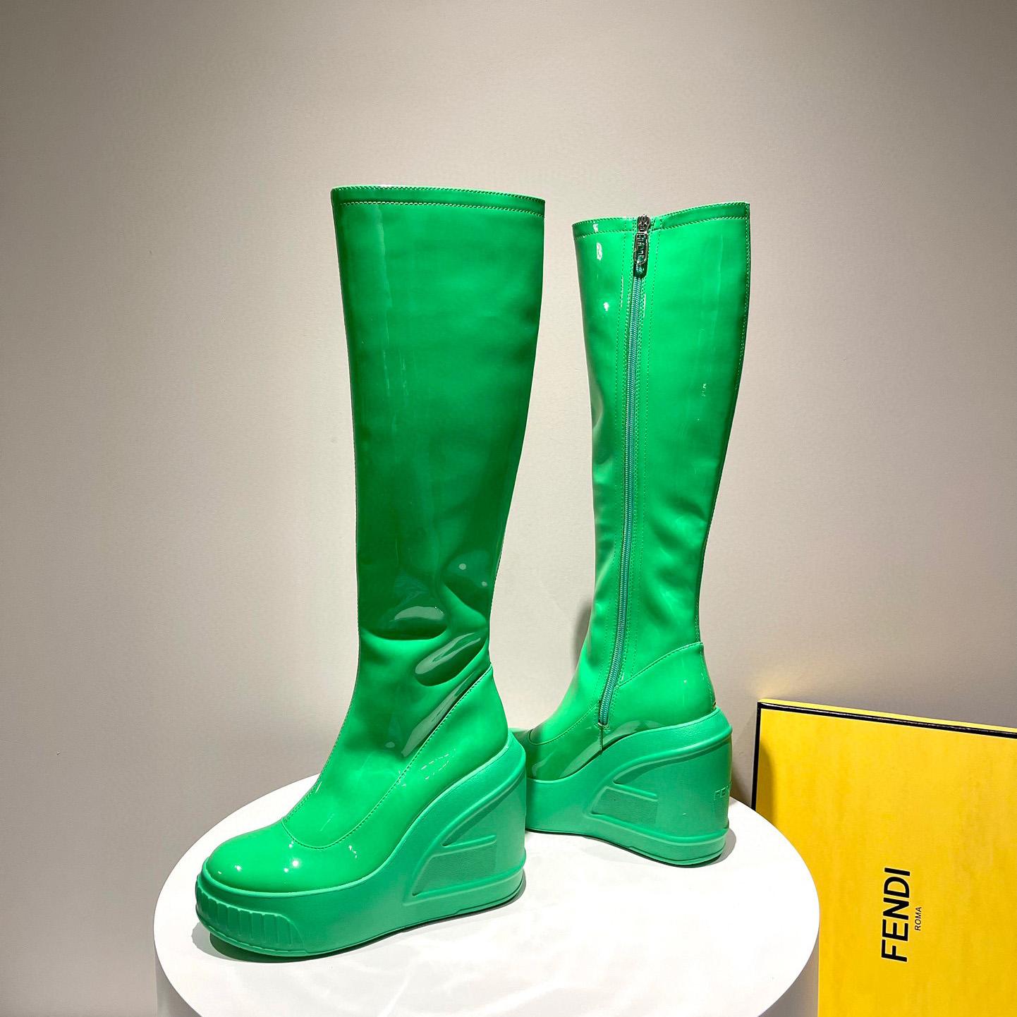 Fendi Fashion Show Green Patent Leather Boots - FashionPlug