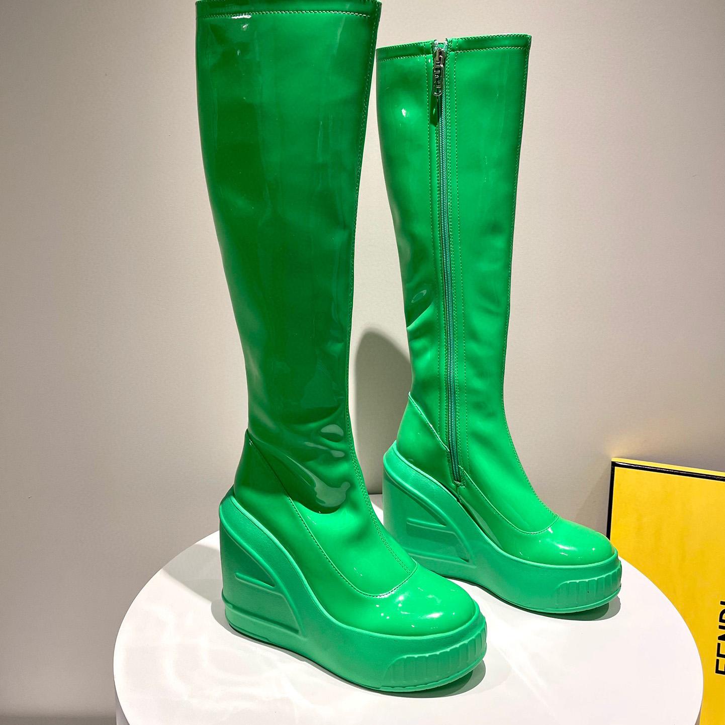 Fendi Fashion Show Green Patent Leather Boots - FashionPlug
