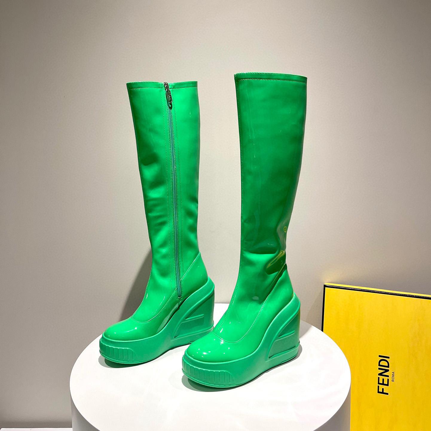 Fendi Fashion Show Green Patent Leather Boots - FashionPlug