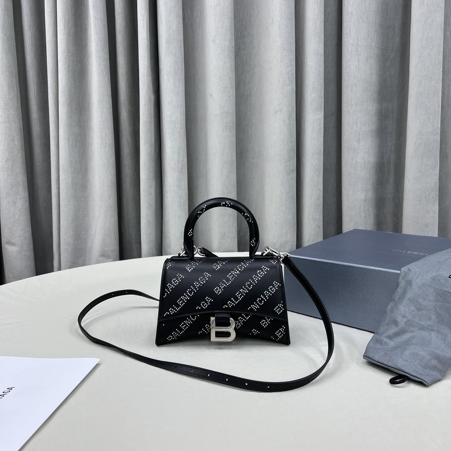 Balenciaga Women's Hourglass XS Handbag With Rhinestones In Black - FashionPlug