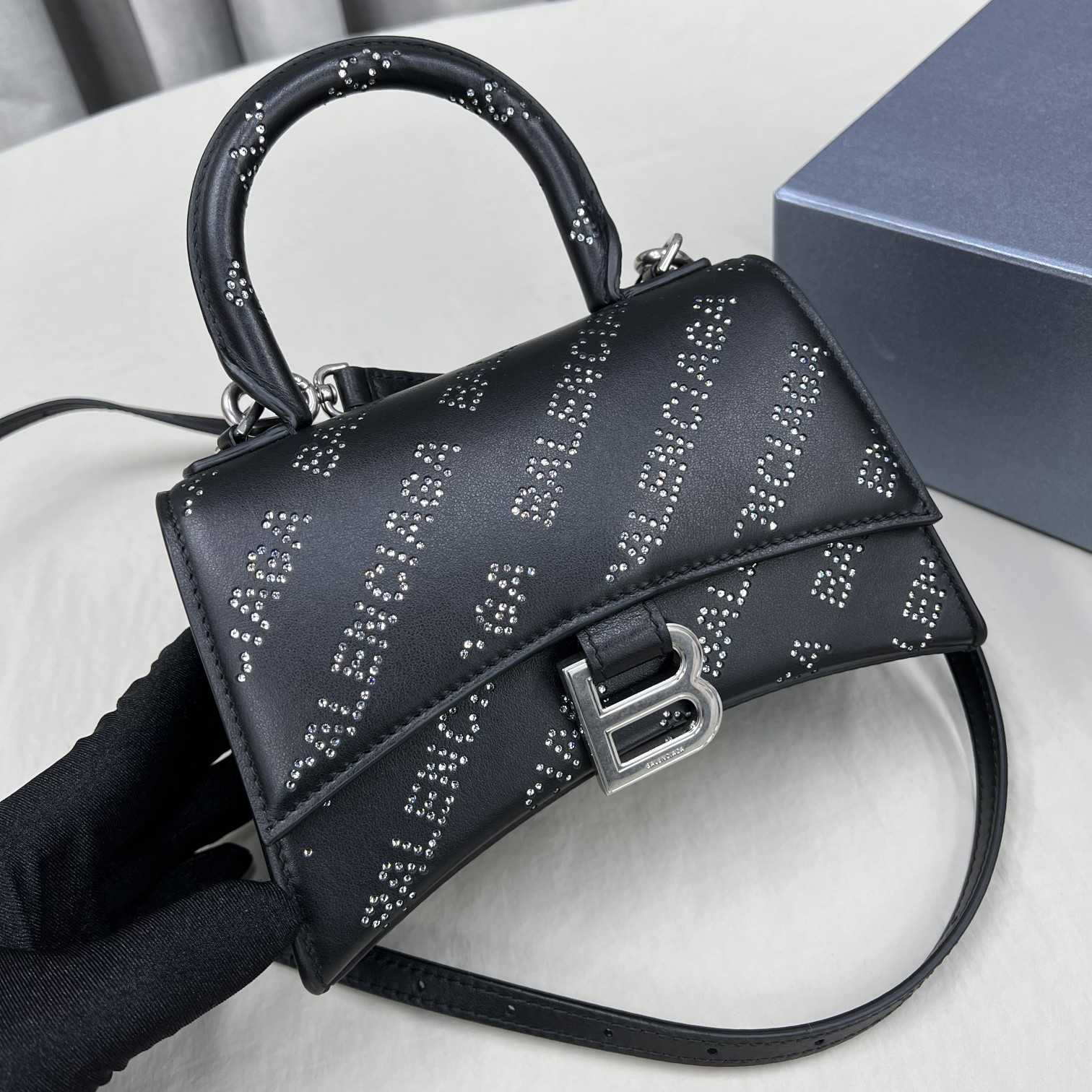 Balenciaga Women's Hourglass XS Handbag With Rhinestones In Black - FashionPlug