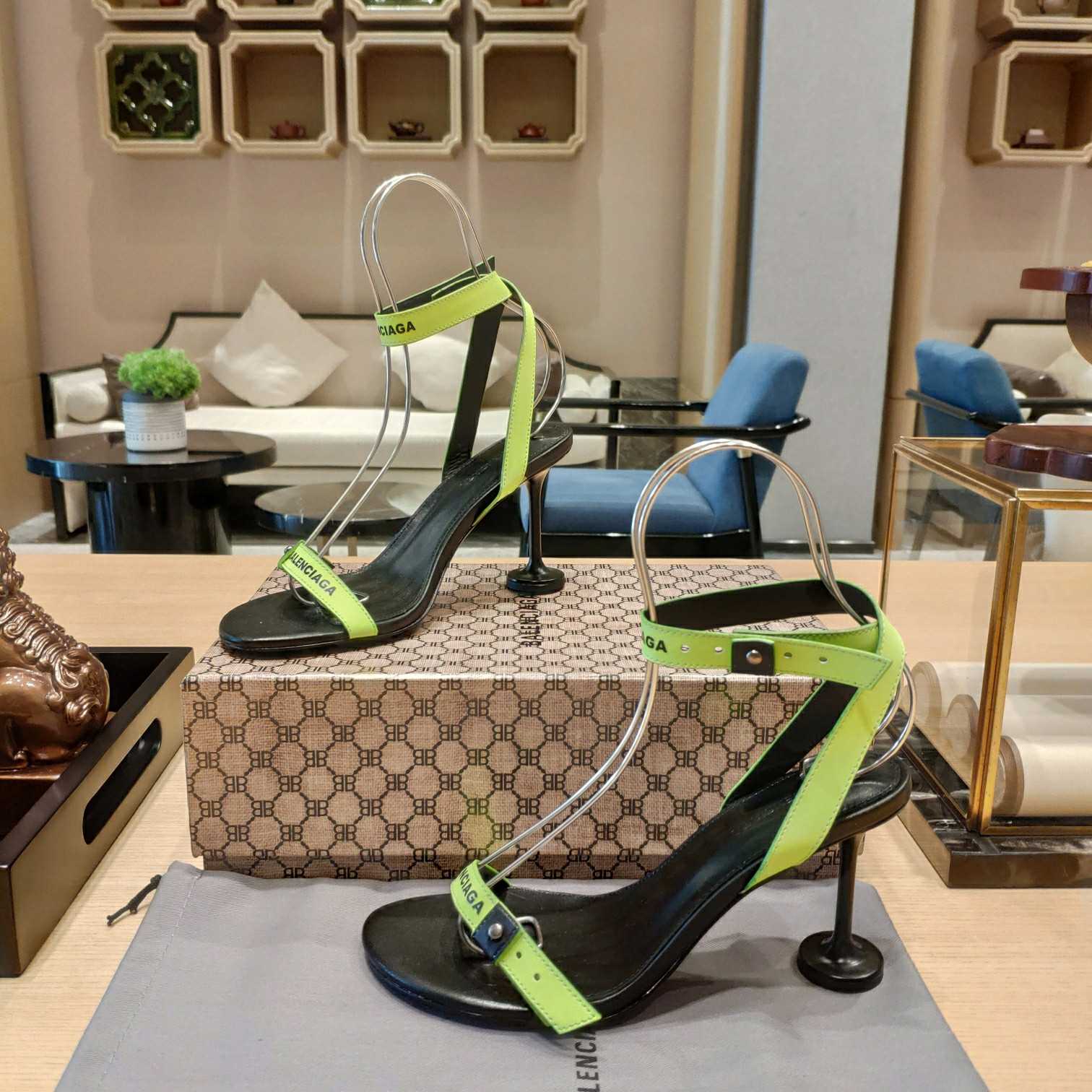 Balenciaga Afterhour Logo Ankle-strap Sandals In Fluorescent Yellow Black - FashionPlug