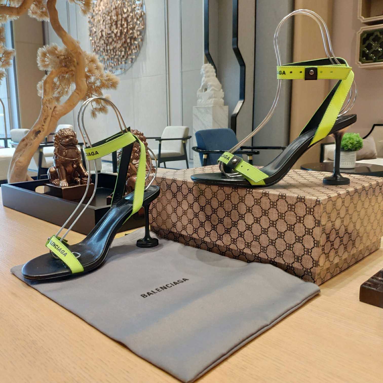 Balenciaga Afterhour Logo Ankle-strap Sandals In Fluorescent Yellow Black - FashionPlug