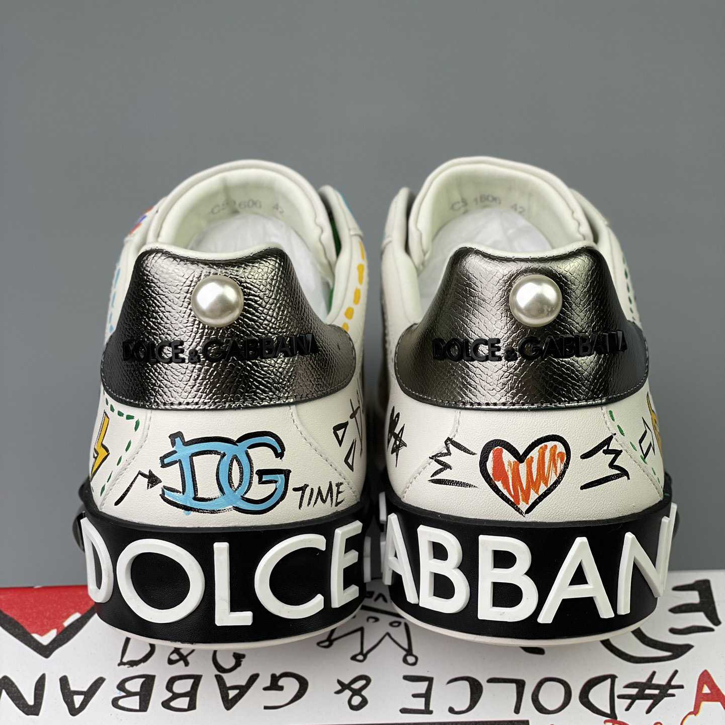 Dolce & Gabbana Calfskin Portofino Sneakers With Embroidery And Studs - FashionPlug