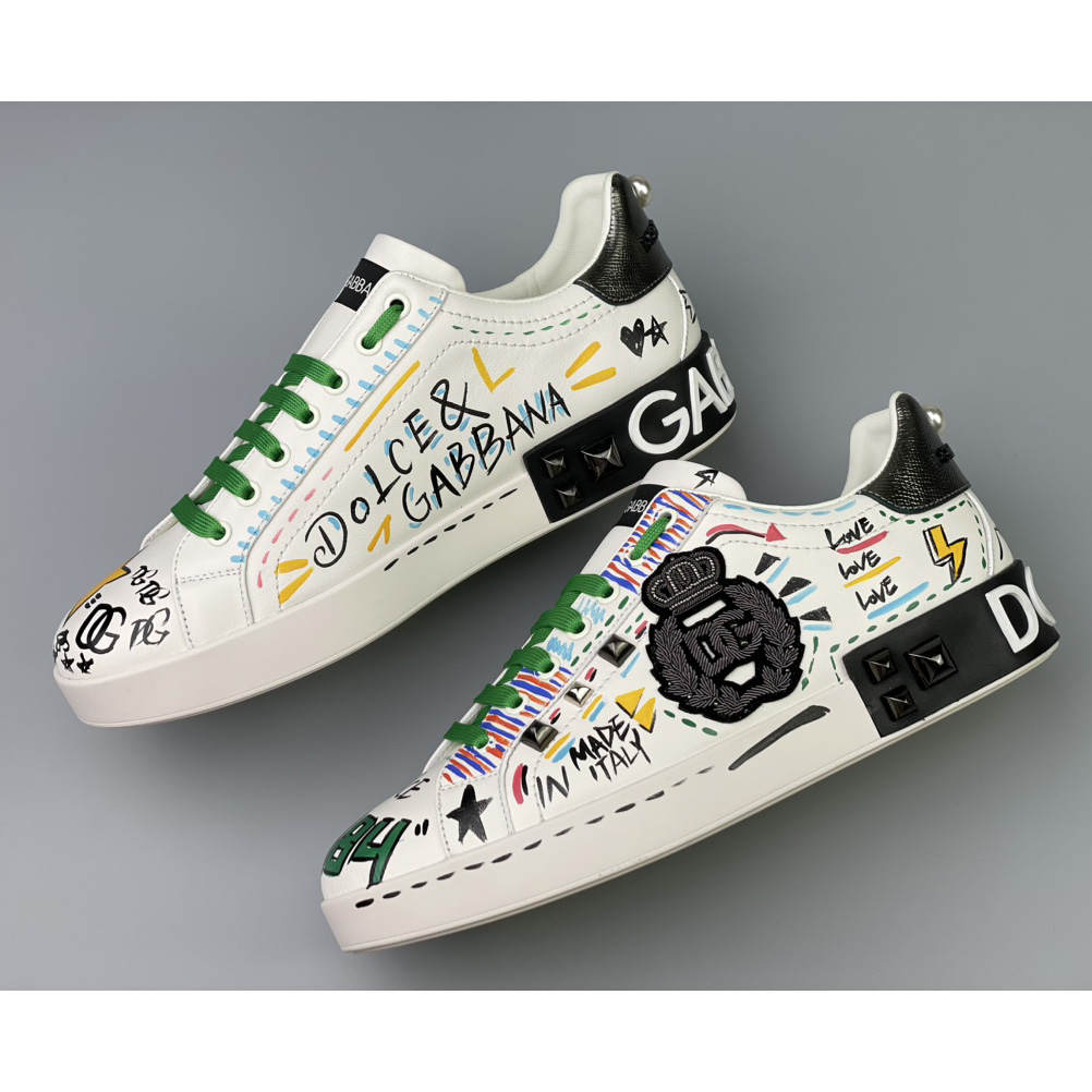 Dolce & Gabbana Calfskin Portofino Sneakers With Embroidery And Studs - FashionPlug