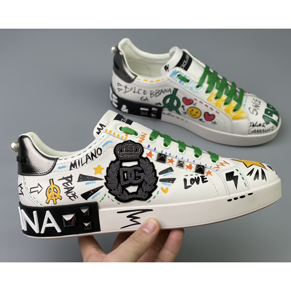 Dolce & Gabbana Calfskin Portofino Sneakers With Embroidery And Studs - FashionPlug