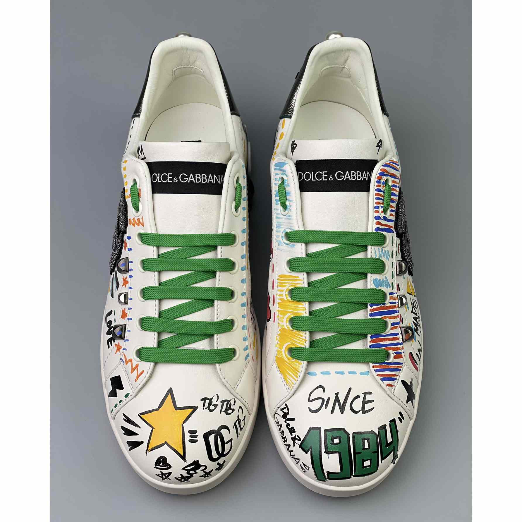 Dolce & Gabbana Calfskin Portofino Sneakers With Embroidery And Studs - FashionPlug