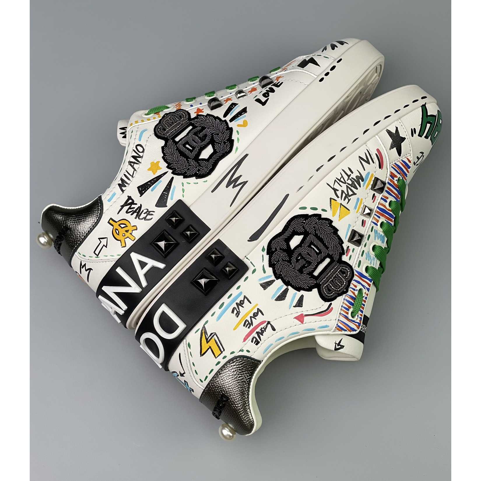 Dolce & Gabbana Calfskin Portofino Sneakers With Embroidery And Studs - FashionPlug