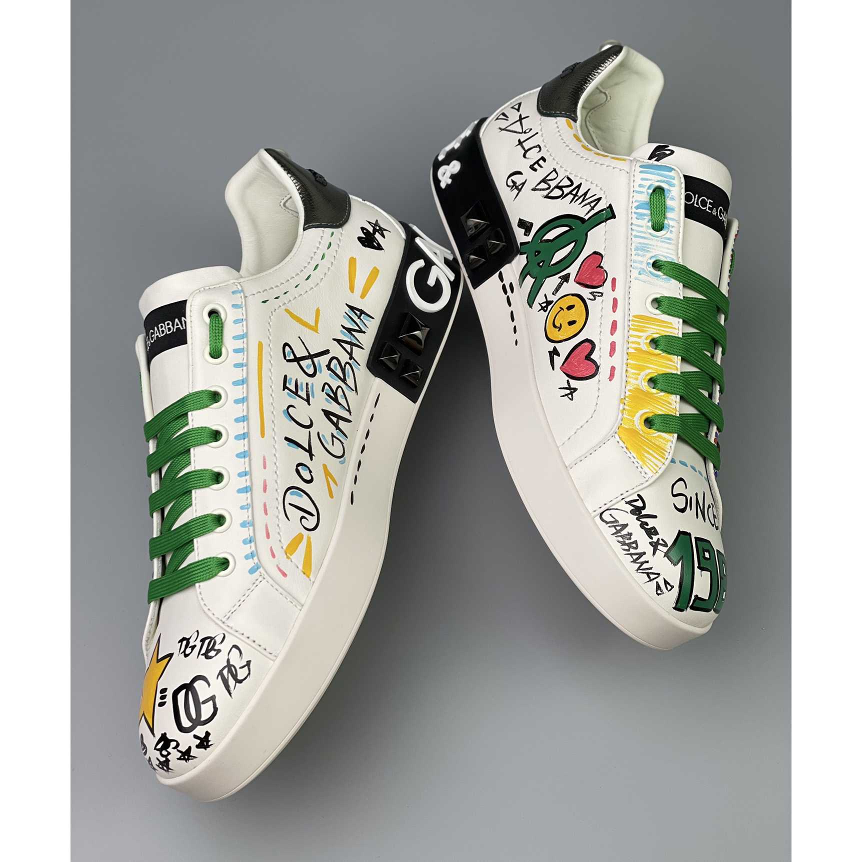 Dolce & Gabbana Calfskin Portofino Sneakers With Embroidery And Studs - FashionPlug