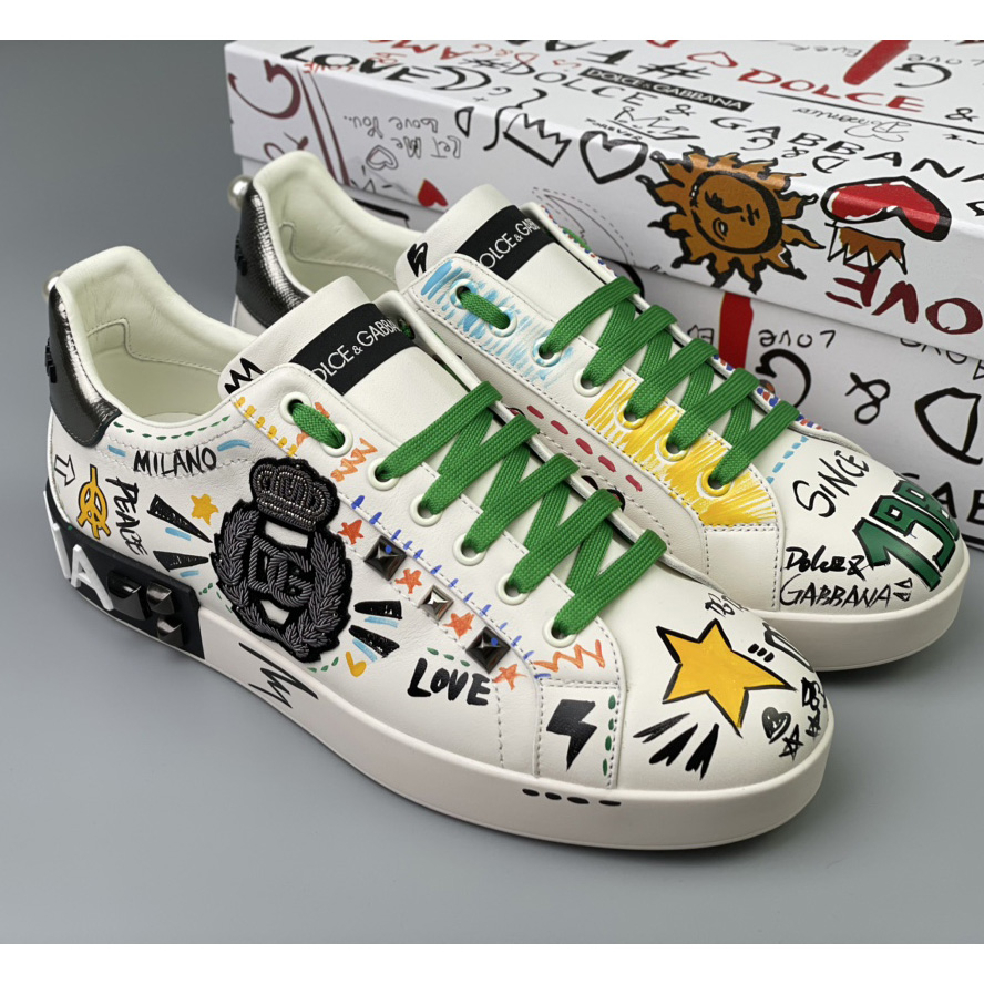 Dolce & Gabbana Calfskin Portofino Sneakers With Embroidery And Studs - FashionPlug