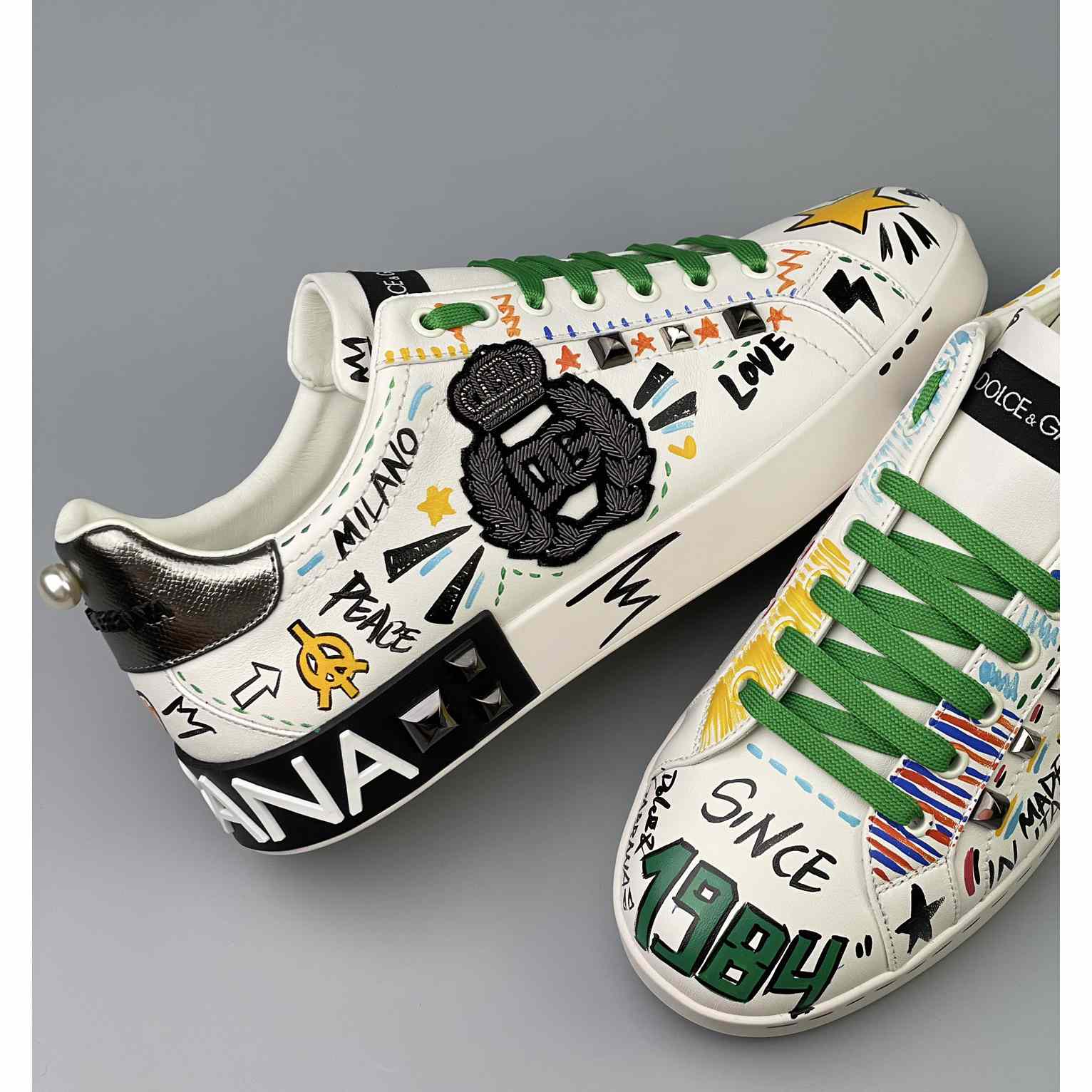 Dolce & Gabbana Calfskin Portofino Sneakers With Embroidery And Studs - FashionPlug