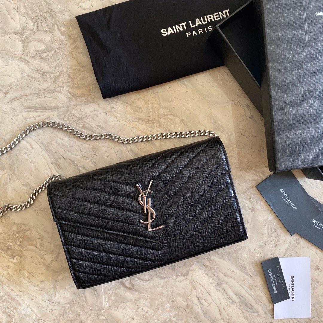 Saint Laurent Cassandre Matelasse Envelope Chain Wallet In Grain De Poudre Embossed Leather - FashionPlug
