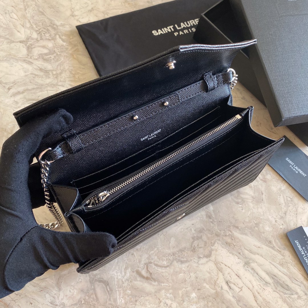 Saint Laurent Cassandre Matelasse Envelope Chain Wallet In Grain De Poudre Embossed Leather - FashionPlug