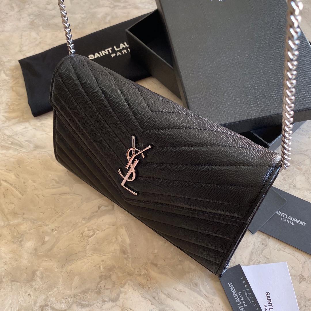 Saint Laurent Cassandre Matelasse Envelope Chain Wallet In Grain De Poudre Embossed Leather - FashionPlug