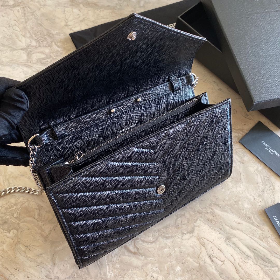 Saint Laurent Cassandre Matelasse Envelope Chain Wallet In Grain De Poudre Embossed Leather - FashionPlug