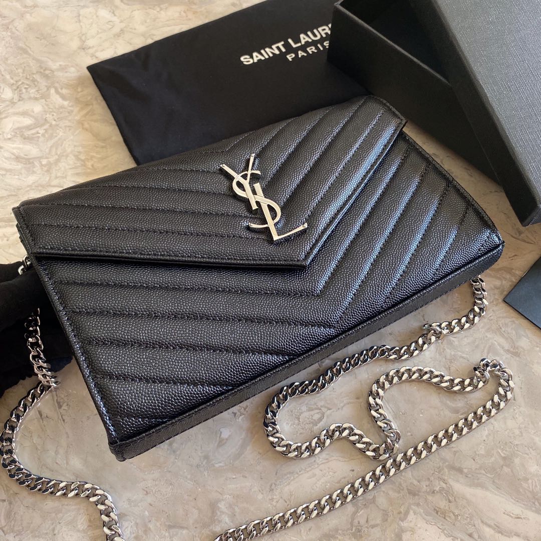 Saint Laurent Cassandre Matelasse Envelope Chain Wallet In Grain De Poudre Embossed Leather - FashionPlug