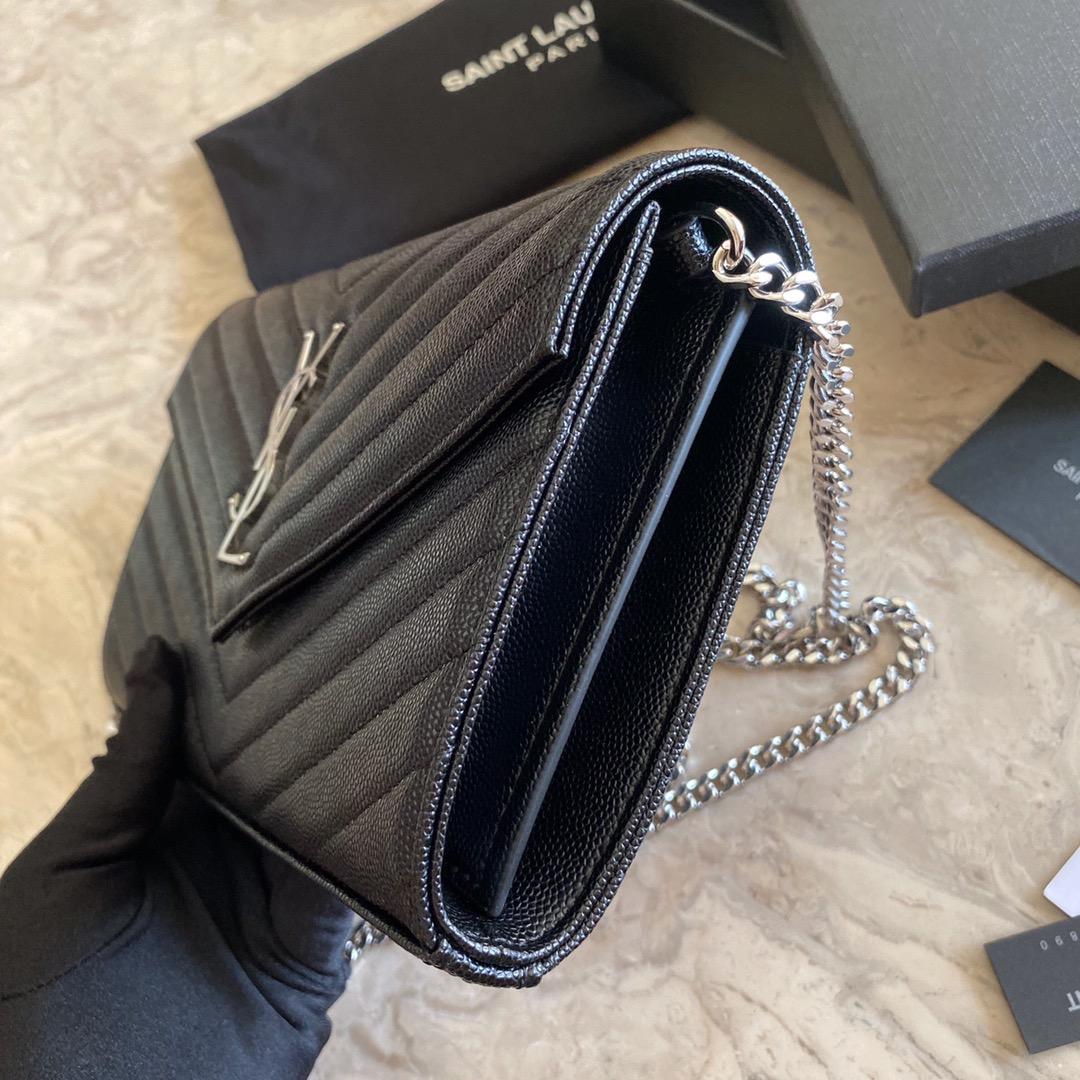 Saint Laurent Cassandre Matelasse Envelope Chain Wallet In Grain De Poudre Embossed Leather - FashionPlug