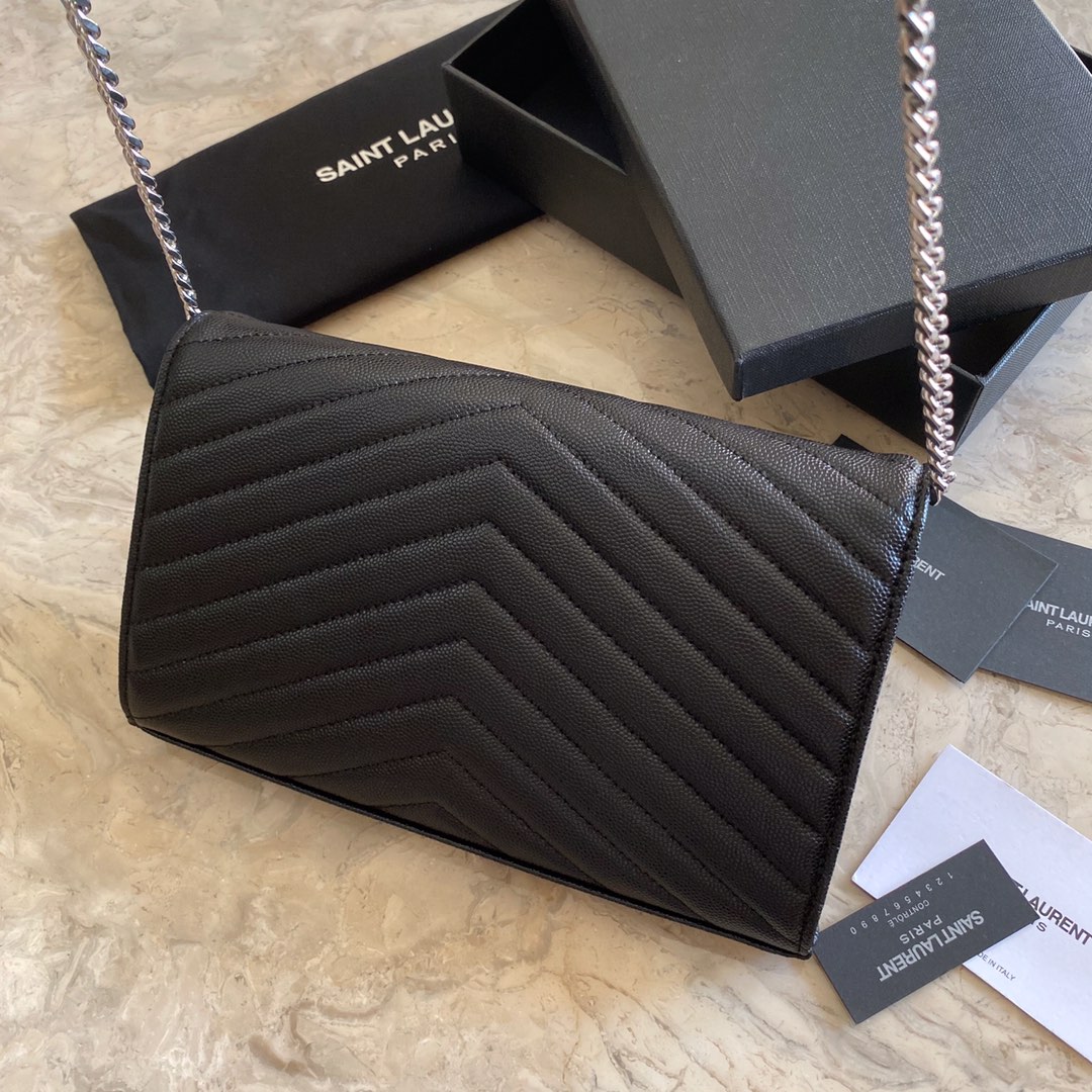 Saint Laurent Cassandre Matelasse Envelope Chain Wallet In Grain De Poudre Embossed Leather - FashionPlug