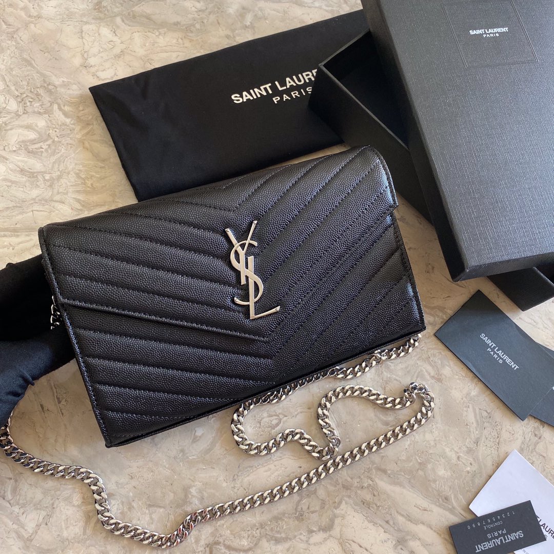 Saint Laurent Cassandre Matelasse Envelope Chain Wallet In Grain De Poudre Embossed Leather - FashionPlug
