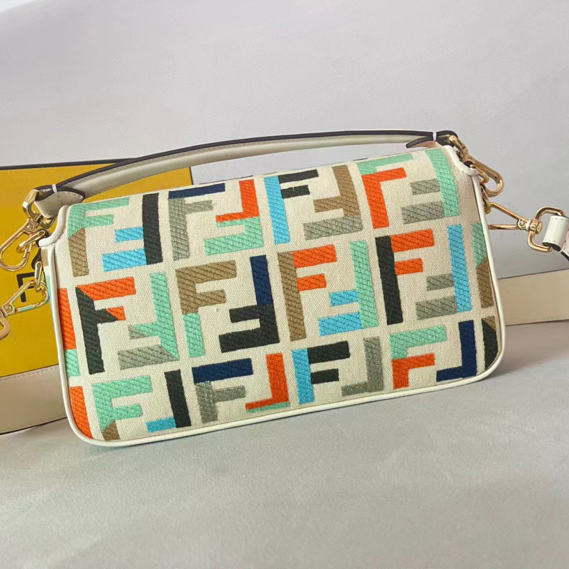 Fendi Baguette Multicolor Canvas Bag With FF Embroidery - FashionPlug