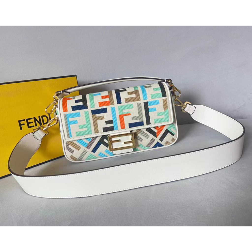 Fendi Baguette Multicolor Canvas Bag With FF Embroidery - FashionPlug