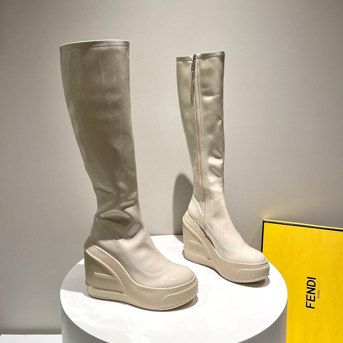 Fendi Fashion Show White Patent Leather Boots - FashionPlug