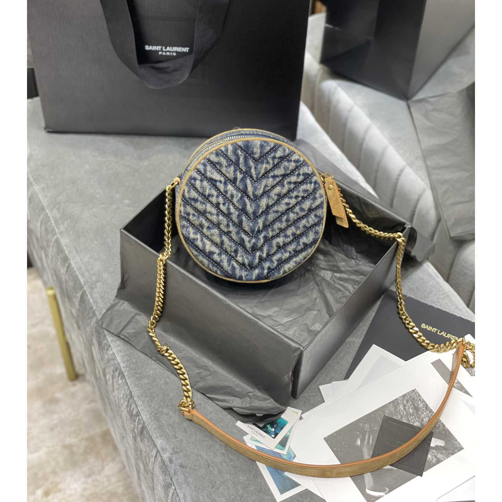 Saint Laurent Nile Round Matelassé Denim Bag (17-17-5.5cm) - FashionPlug