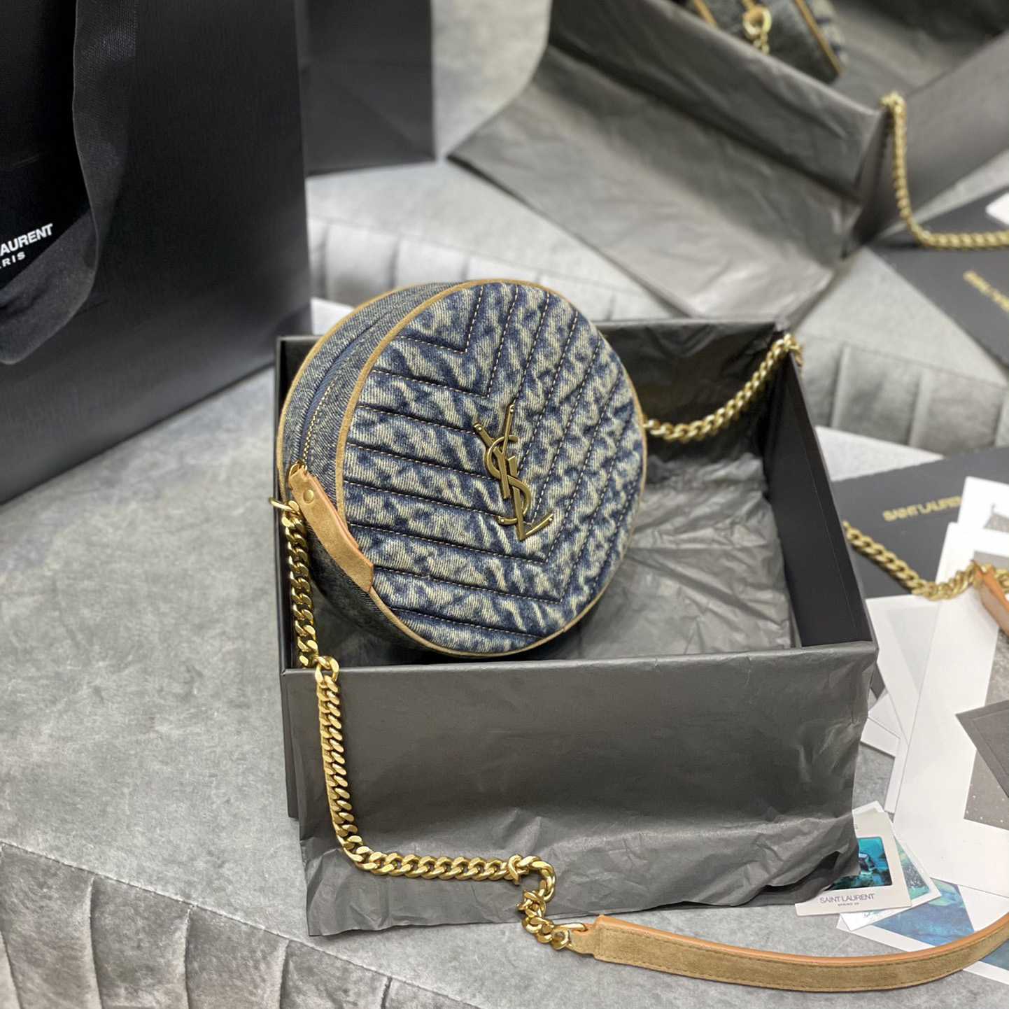 Saint Laurent Nile Round Matelassé Denim Bag (17-17-5.5cm) - FashionPlug