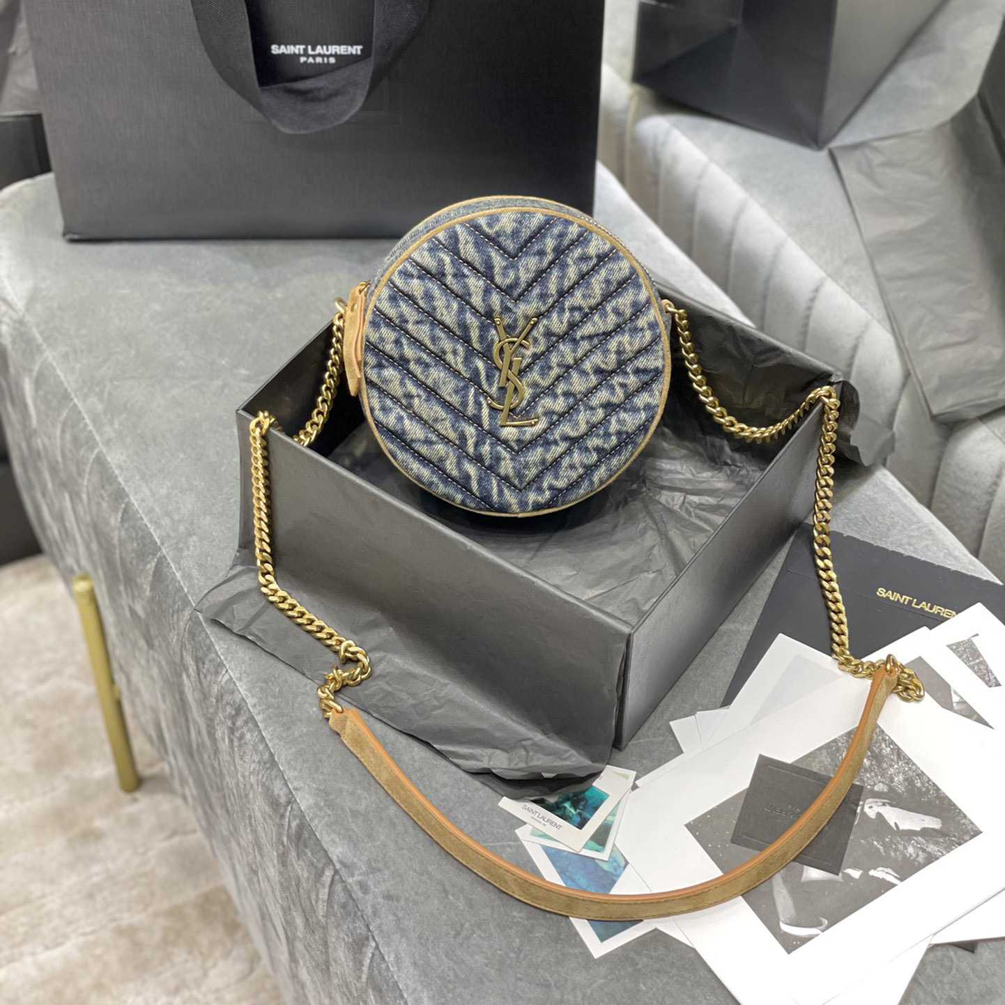Saint Laurent Nile Round Matelassé Denim Bag (17-17-5.5cm) - FashionPlug