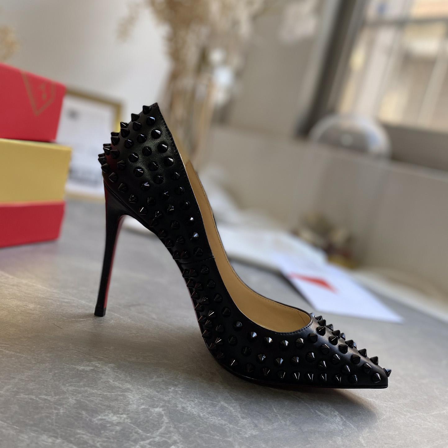 Christian Louboutin Black Patent Leather Pigalle Spikes Pumps   85mm - FashionPlug