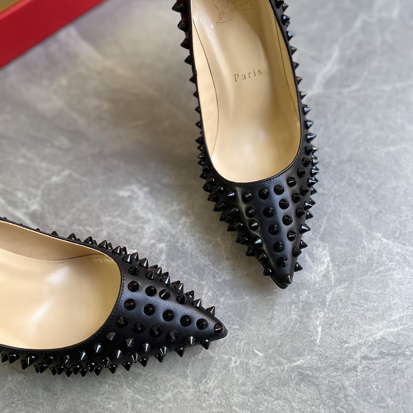 Christian Louboutin Black Patent Leather Pigalle Spikes Pumps   85mm - FashionPlug