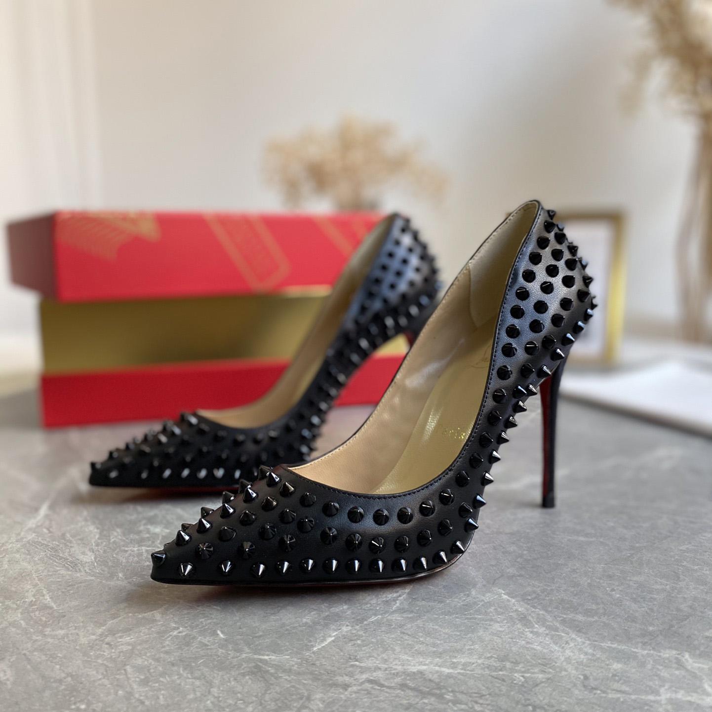 Christian Louboutin Black Patent Leather Pigalle Spikes Pumps   85mm - FashionPlug