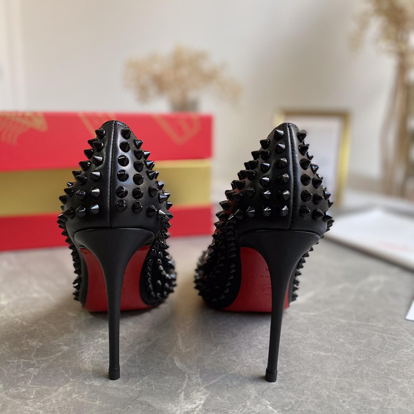 Christian Louboutin Black Patent Leather Pigalle Spikes Pumps   85mm - FashionPlug