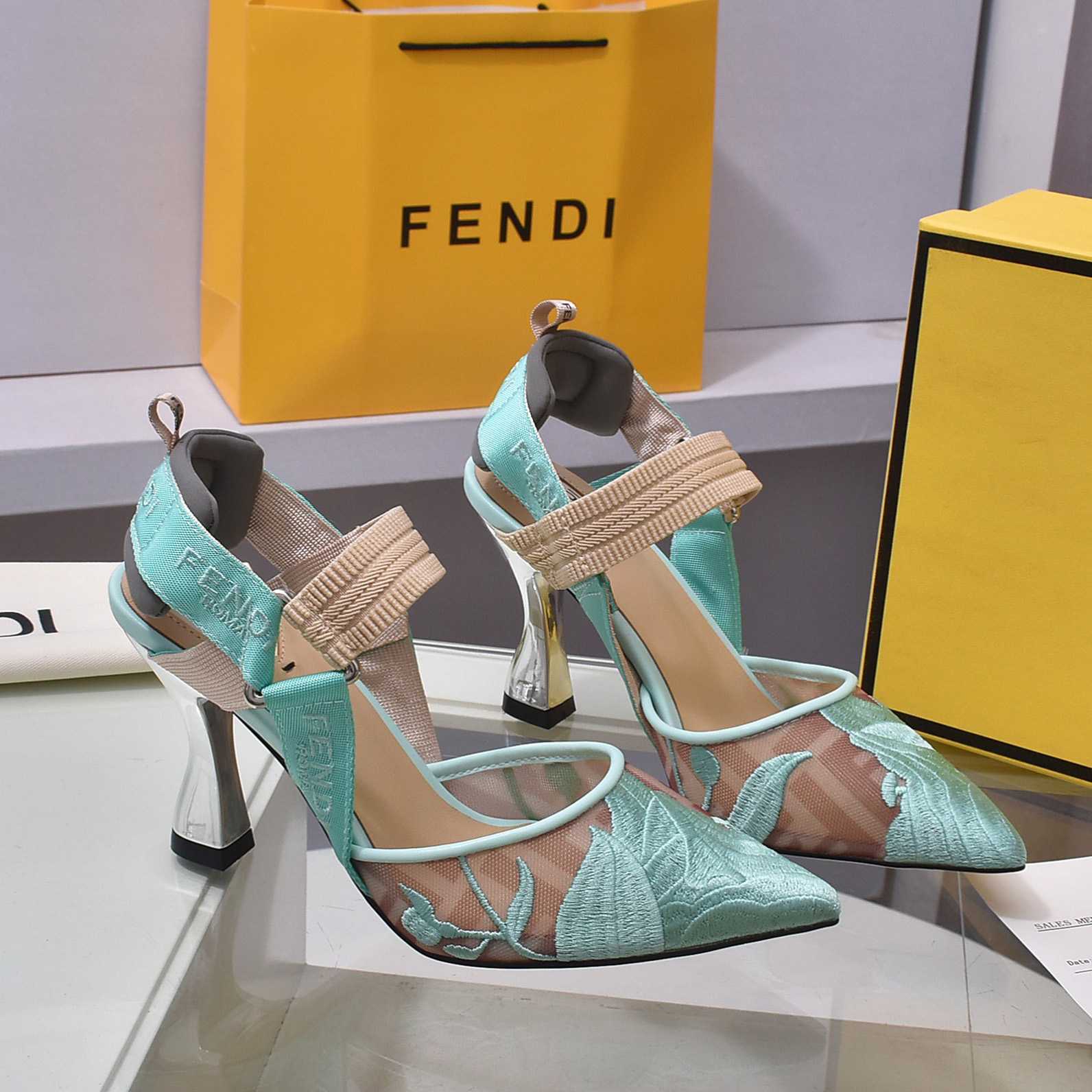 Fendi Colibrì Beige Mesh High-heeled Slingbacks - FashionPlug