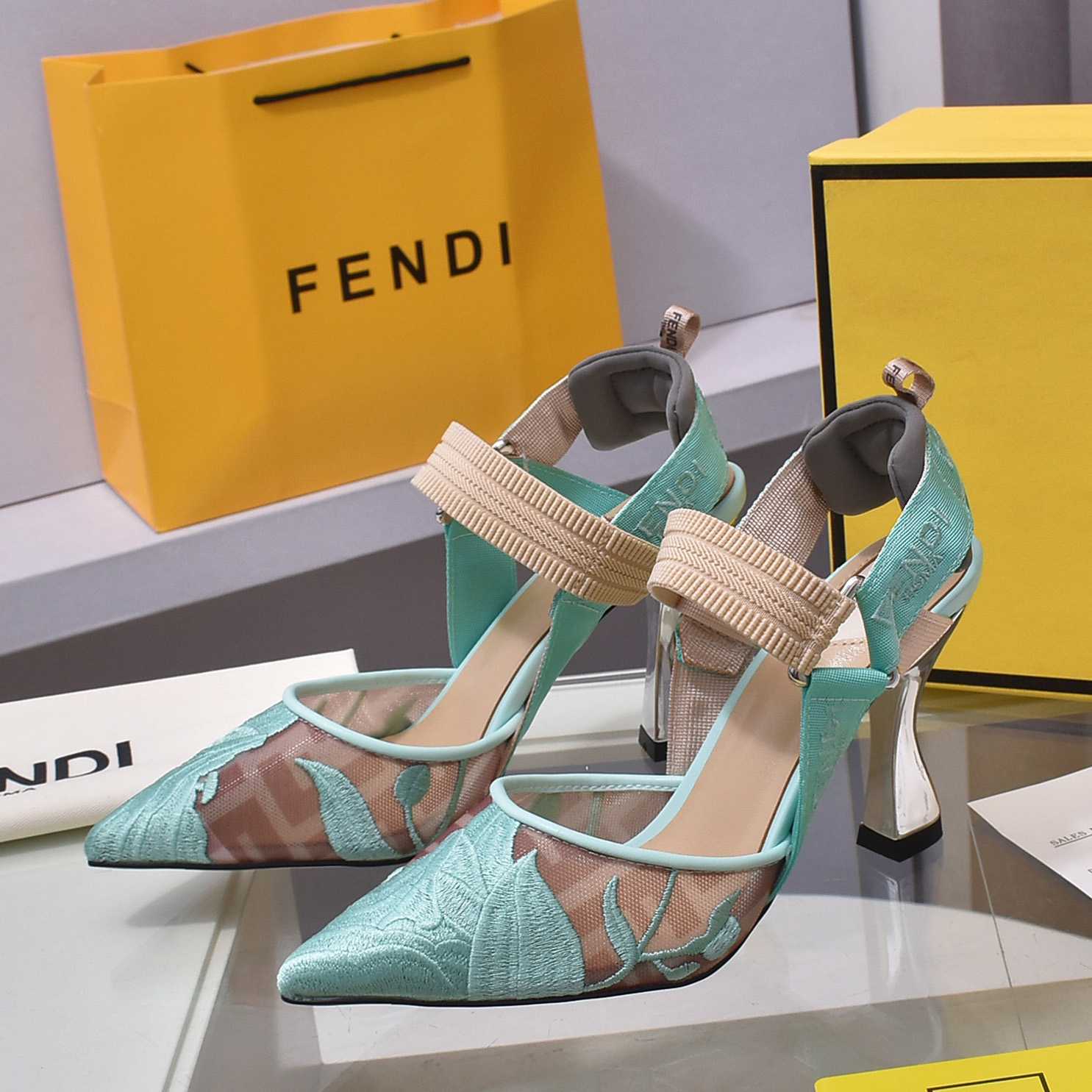 Fendi Colibrì Beige Mesh High-heeled Slingbacks - FashionPlug